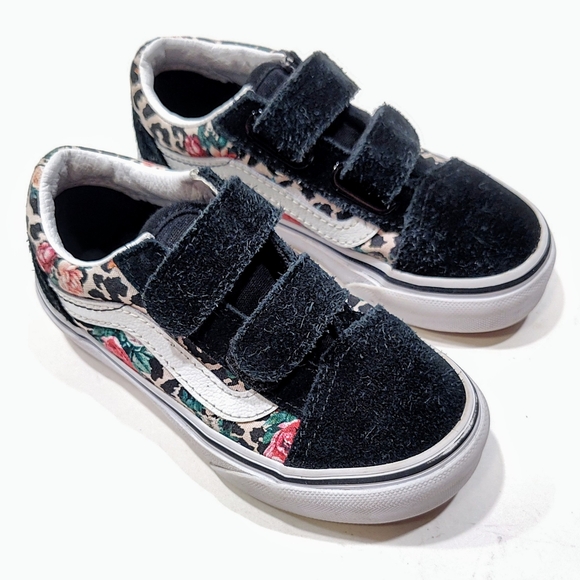Vans Kids Leopard Floral Old Skool V Sneakers Black Suede 10.5 US Hook & Loop - Picture 2 of 9